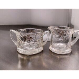 Indiana Glass Co EAPG Antique Open Creamer Sugar Set Clear Silver Floral